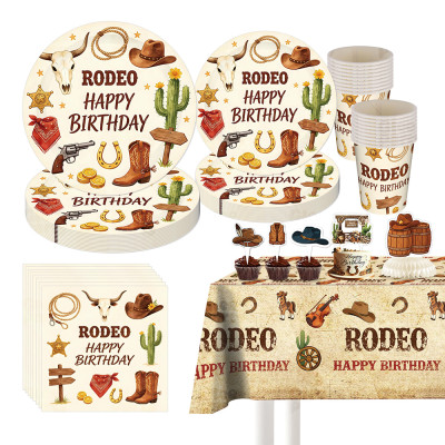 Cowboy Rodeo Party Supplies,Disposable Paper Plates Cups Napkins Tablecloth Birthday Decor Set