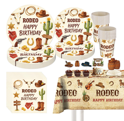 Cowboy Rodeo Party Supplies,Disposable Paper Plates Cups Napkins Tablecloth Birthday Decor Set