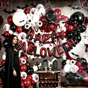 Halloween Balloon Garland Kit Red Black White Bloody Handprint Spider Bat Decor For Party Backdrop