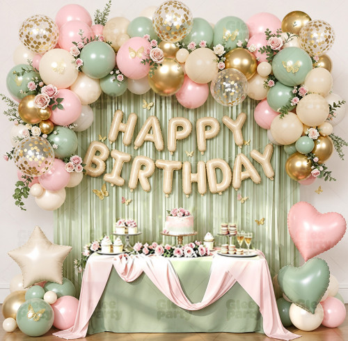 Sage Green Pink Birthday Balloon Garland Kit Butterfly Floral Theme Party Decor For Girl Birthday Celebration