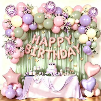 Purple Pink Sage Green Birthday Balloon Garland Kit Butterfly Floral Theme Girl Party Decor