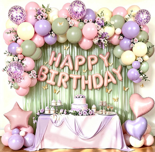 Purple Pink Sage Green Birthday Balloon Garland Kit Butterfly Floral Theme Girl Party Decor