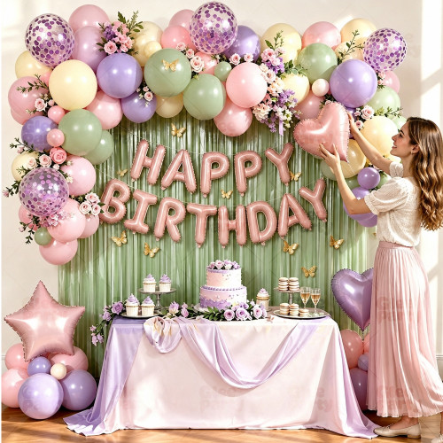 Purple Pink Sage Green Birthday Balloon Garland Kit Butterfly Floral Theme Girl Party Decor