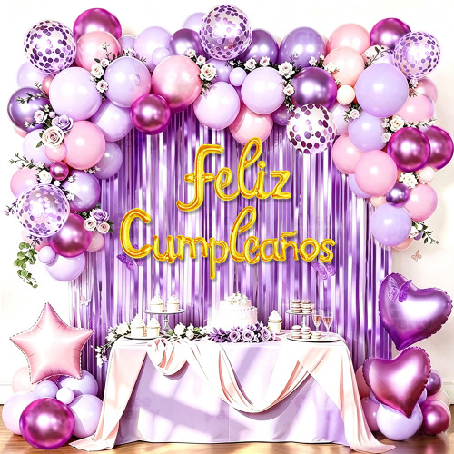 Purple Pink Sage Green Birthday Balloon Garland Kit Butterfly Floral Theme Girl Party Decor