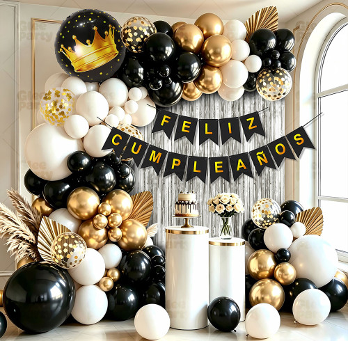 Black Gold Balloon Garland Kit Feliz Cumpleanos Birthday Party Decorations