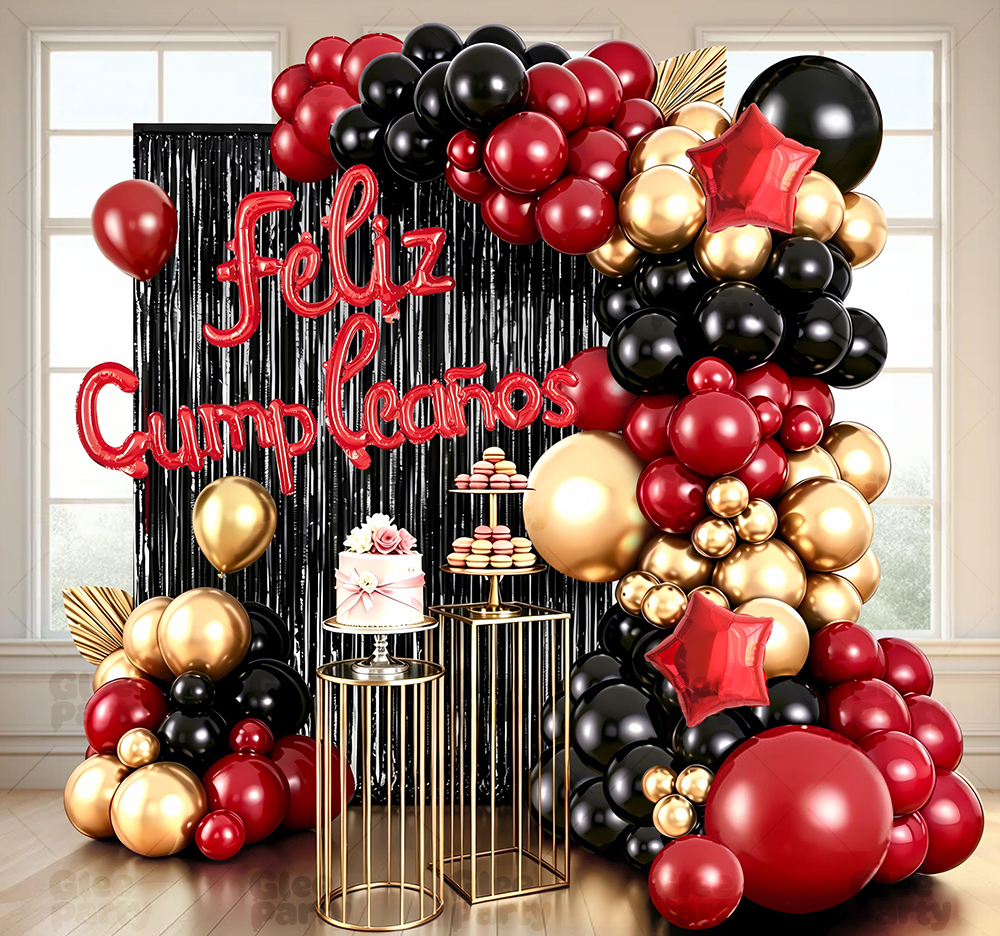 Red black and gold birthday arrangement with Spanish script lettering on a dark backdrop