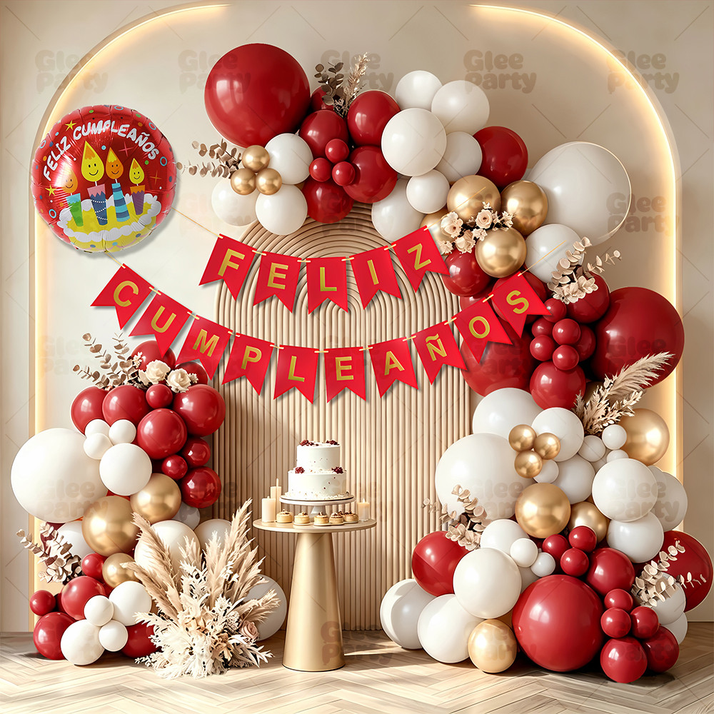 Red Gold Feliz Birthday Balloons