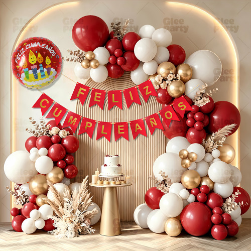 Feliz Cumpleaños Balloon Garland Kit, Red White Gold Birthday Party Decorations