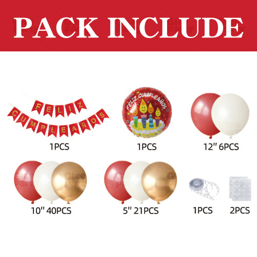 Feliz Cumpleaños Balloon Garland Kit, Red White Gold Birthday Party Decorations