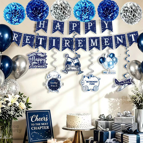 Retirement Party Decorations Kit, Purple Retirement Banner Backdrop Table Decor Set