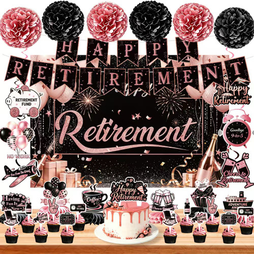 Retirement Party Decorations Kit, Purple Retirement Banner Backdrop Table Decor Set