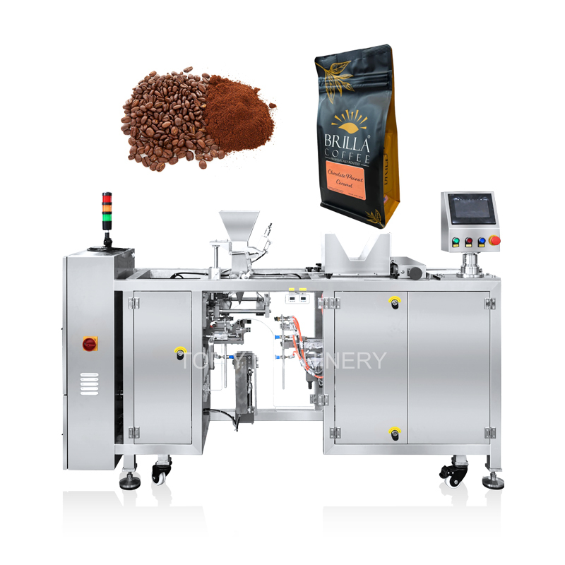 TOPY-MDP1 mini doypack packaging machine filling ground coffee powder and coffee beans into premade pouches for a small coffee roastery