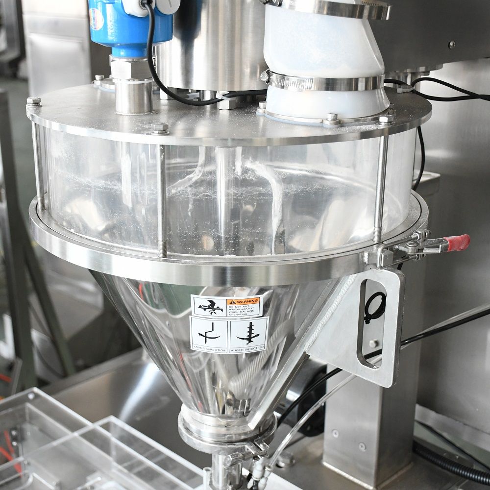 Stainless steel hopper and feeding section of a food packaging machine
