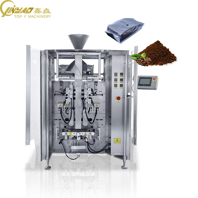 TOPY-VFFS snack packaging machine side view showing gentle filling path and forming tube for potato chips