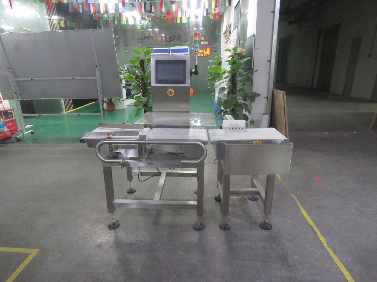 Belt checkweigher with its control panel on a stainless steel frame in a food packaging workshop