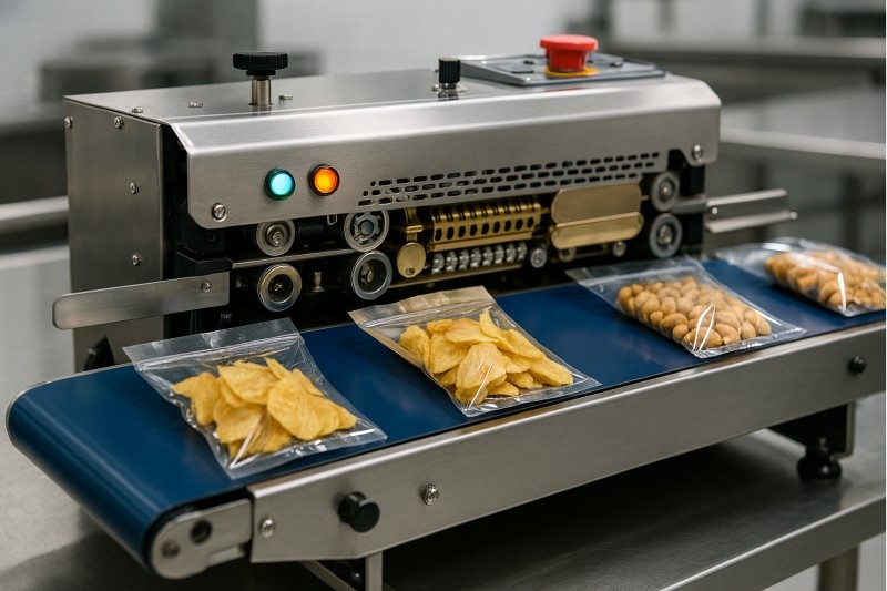 Automatic heat sealer sealing snack-filled poly bags on conveyor