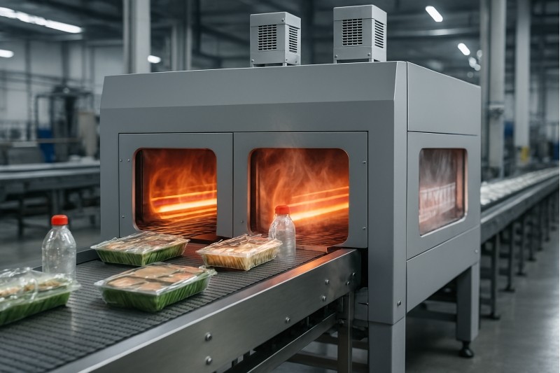 Dual chamber shrink tunnel wrapping food trays with clear film