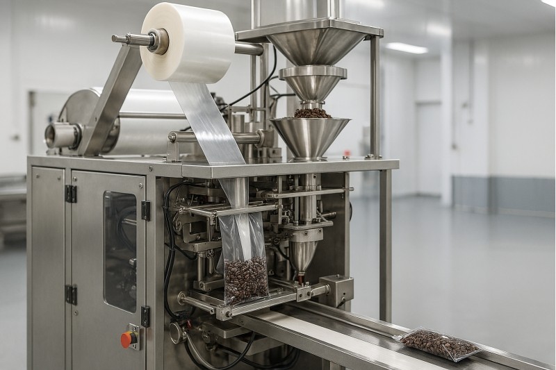 VFFS bagging machine packaging granules into sealed bags