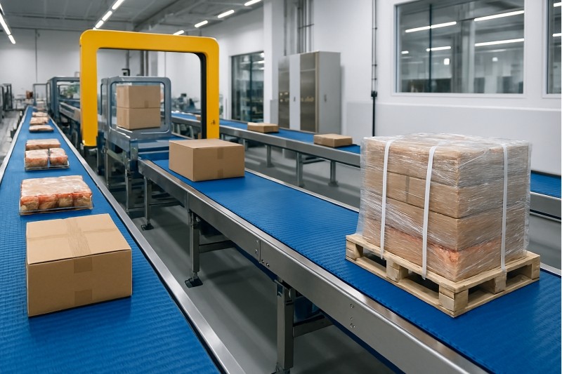 Conveyor belts and strapping machines in food packaging line