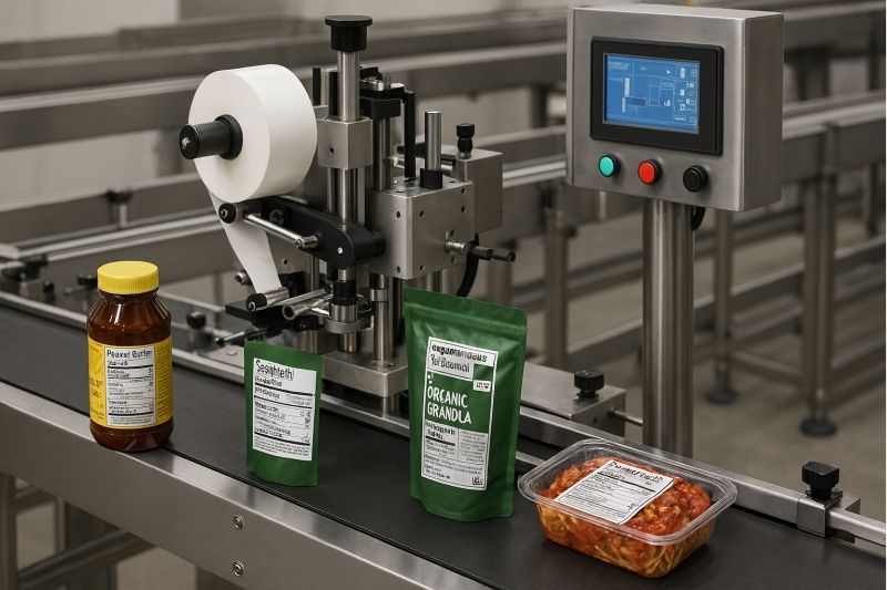 Food packaging production line with packs on a conveyor inside a factory