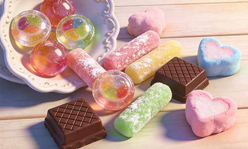 A classic pillow bag filled with colorful candies.