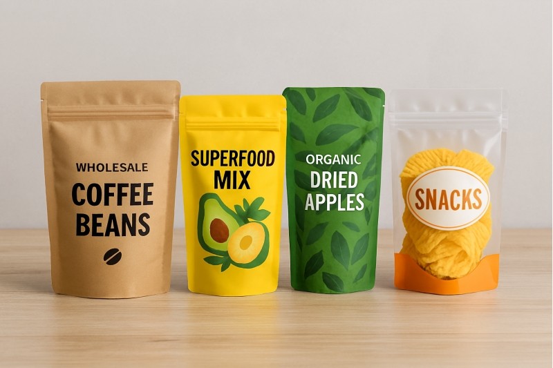 An assortment of finished pouches filled with different products like liquids, powders, and solids.