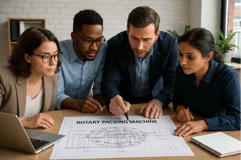 Engineers discussing technical specifications in front of a rotary packing machine.