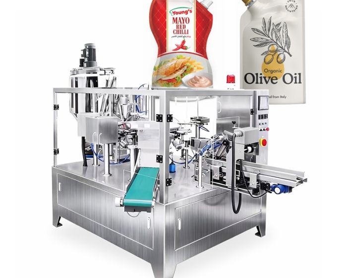 Rotary packaging machine with multiple filling stations for high-volume production
