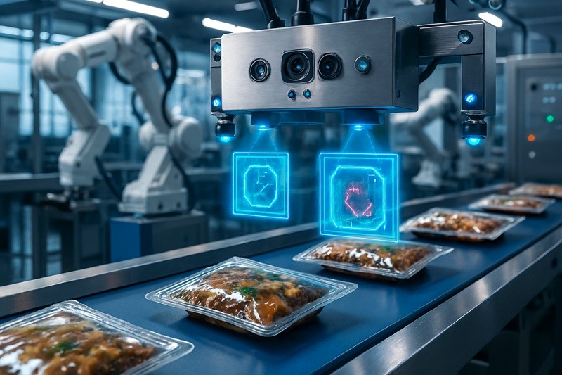 AI-powered vision inspection on food packaging line