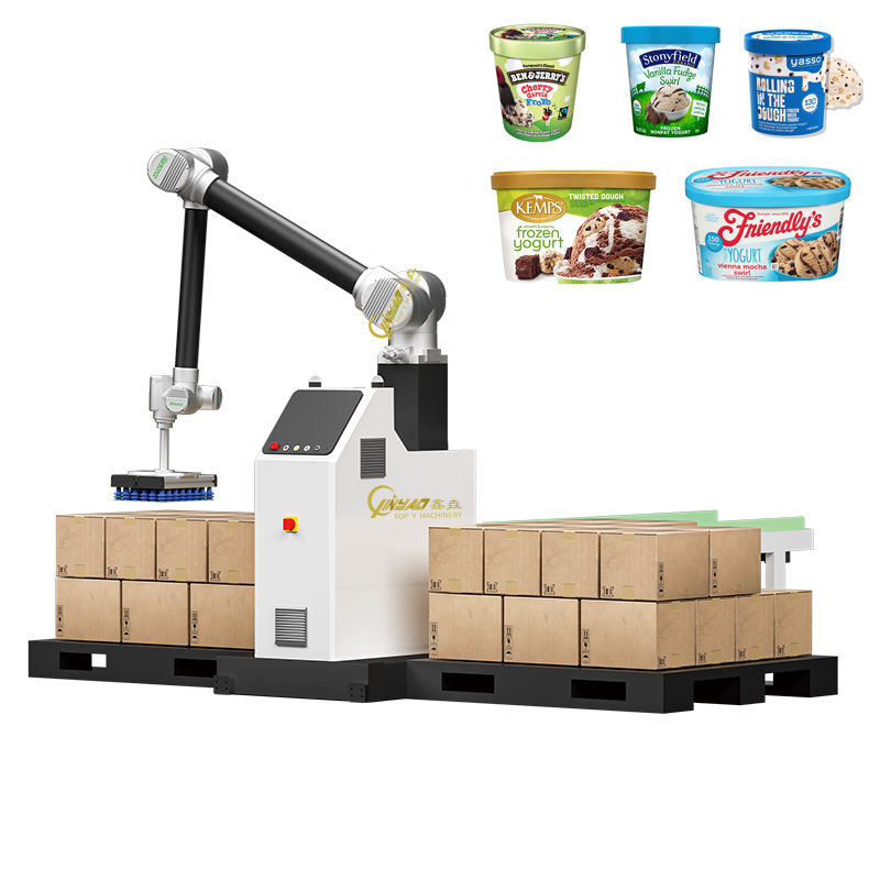 Robot palletizer arm with end-of-arm tooling above a loaded pallet of cartons