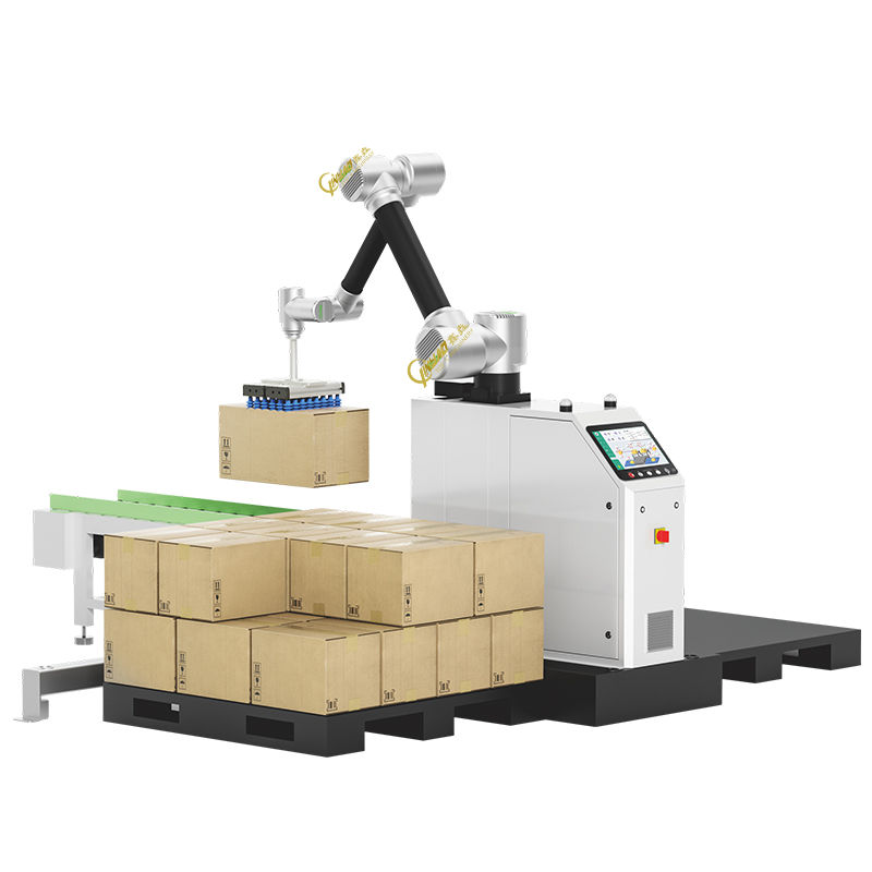 Collaborative palletizing cell with robot arm, infeed conveyor, pallet and stacked cartons