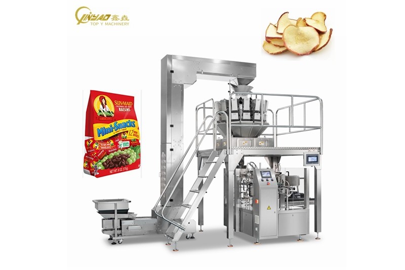 Diagram showing a multi-head weigher accurately dispensing dried fruit into pouches, illustrating precision weighing