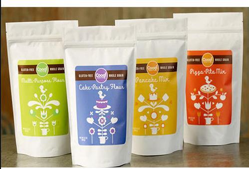 A collage showing diverse products like coffee powder, sugar granules, and pet food next to a doypack machine.