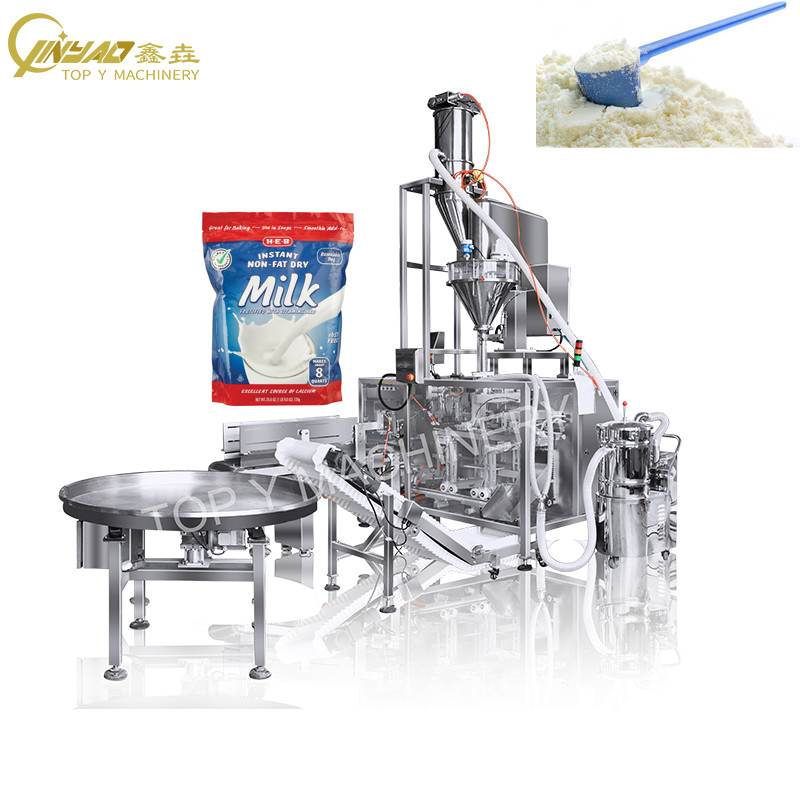 A modern customized doypack machine operating in a clean factory environment, packaging coffee beans into stand-up pouches.