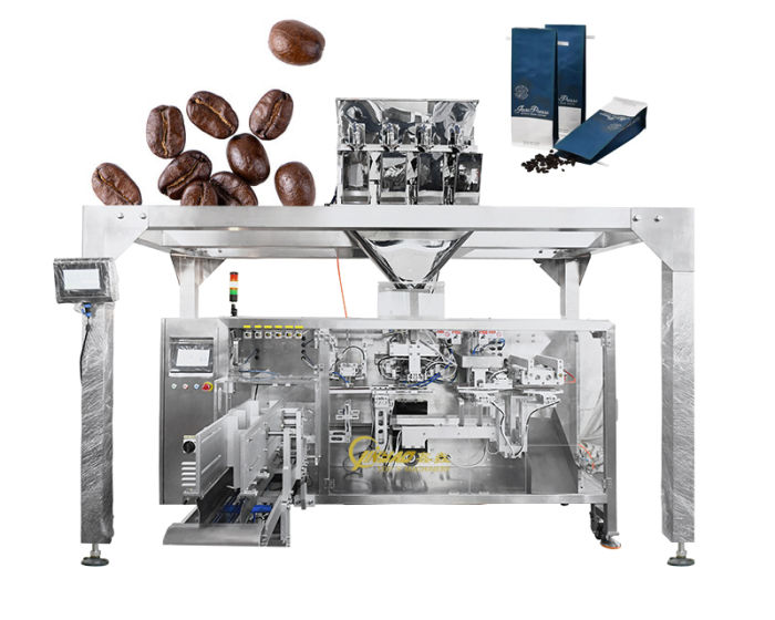 Horizontal packaging machine for liquid, sauce and pre-made pouch filling