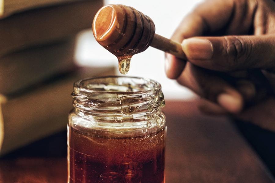 Honey jar filled with honeycomb