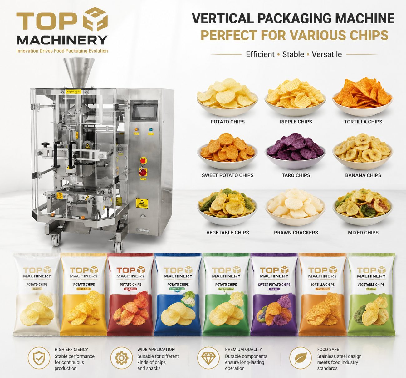 Todo lo que necesita saber sobre las máquinas de envasado VFFS de patatas fritas de TOP Y MACHINERY para el envasado de aperitivos.