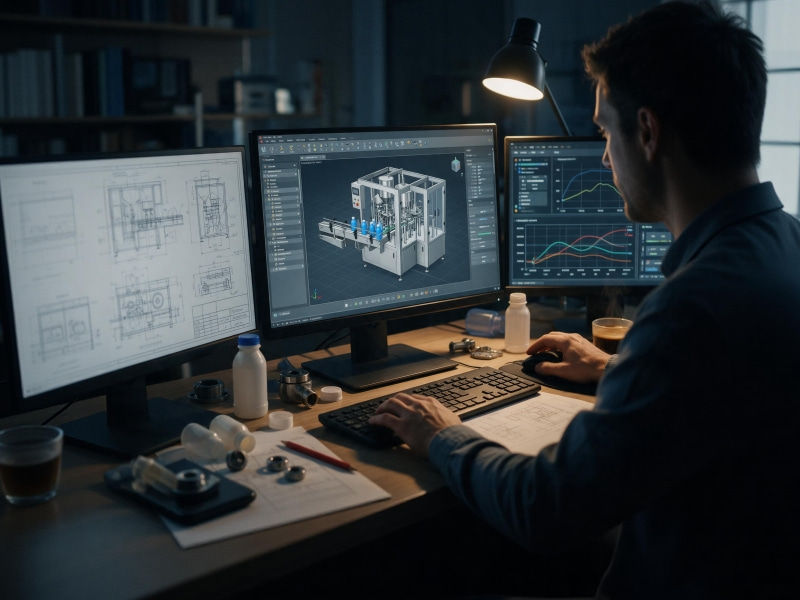TOP Y engineer checking a 3D assembly model and motion study on a multi-screen workstation