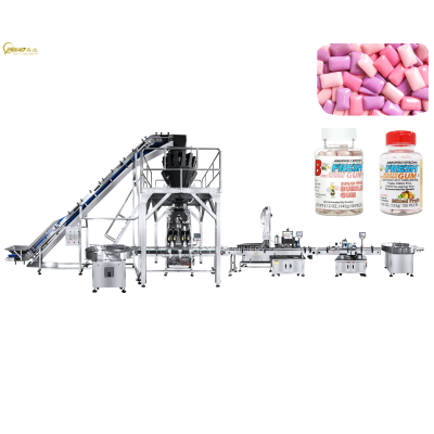 Granule Candy Bubble Gum Filling Line Bottle Jar With Multihead Weigher Automatic Filling Machine