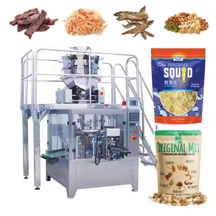 Granule Jerky Meat Beef Pork Shredded Squid Dried Fish Premade Pouch Rotary Packing Machine