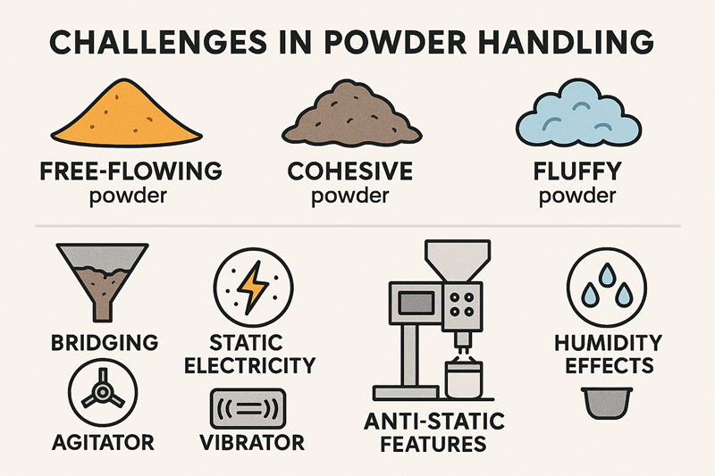 Common powder characteristics and handling challenges with solutions