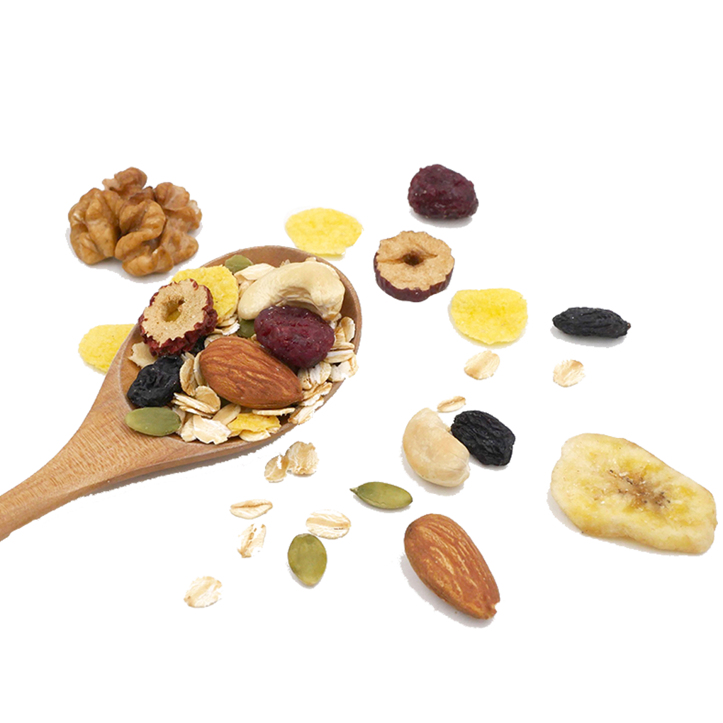 A variety of colorful dried fruits and nuts displayed in bowls