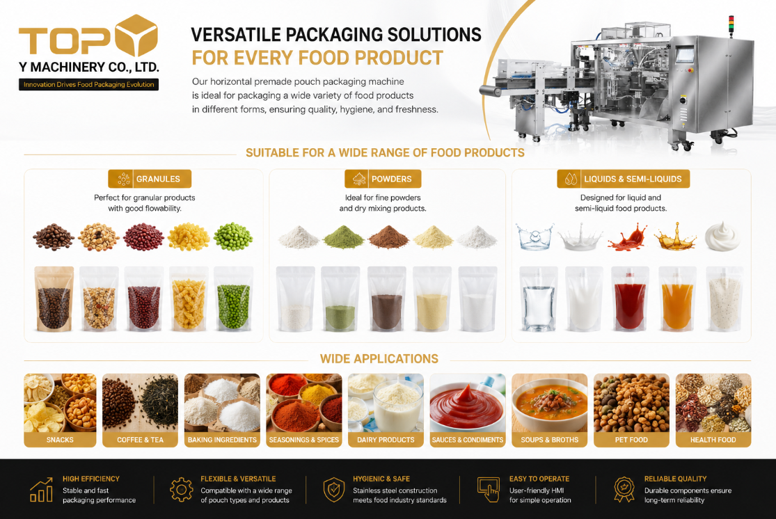 Food and Beverage Pouch Packaging A variety of food products packaged in stand-up pouches, including snacks, coffee, and liquid pouches