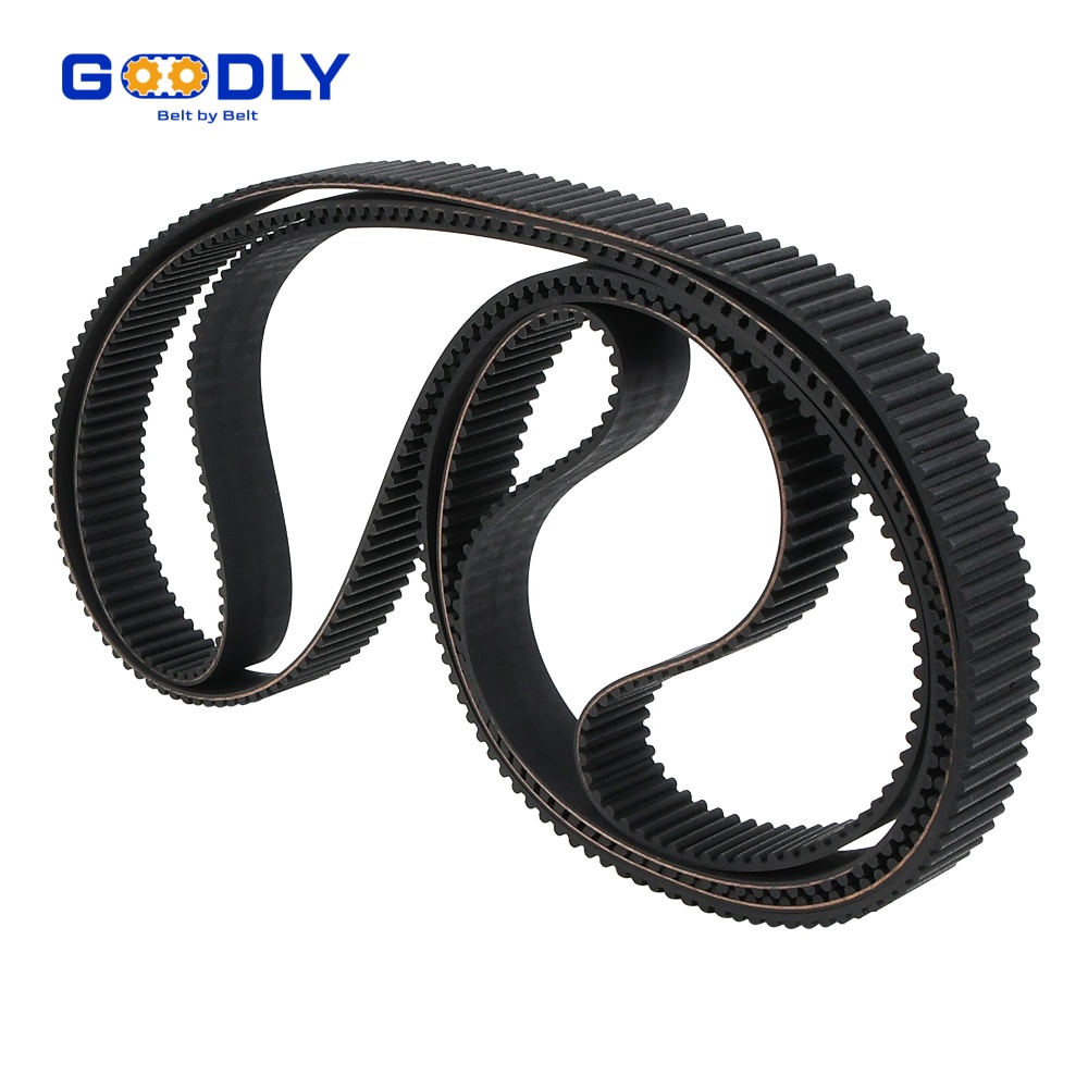 Industrial timing belt loop inspected for replacement on a drive