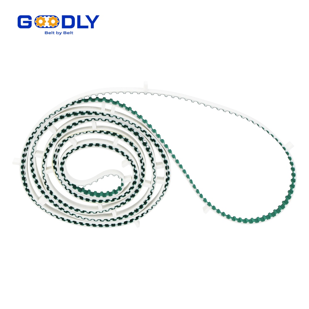 Curvilinear HTD timing belt teeth in close-up during quality inspection