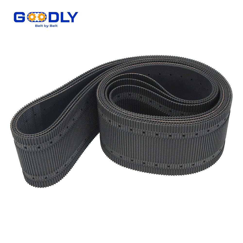 Timing belt size chart reference beside moulded belt samples