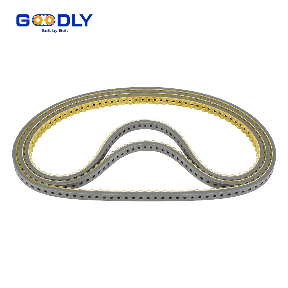 White detectable timing belts used on packaging and filling machinery in regulated plants