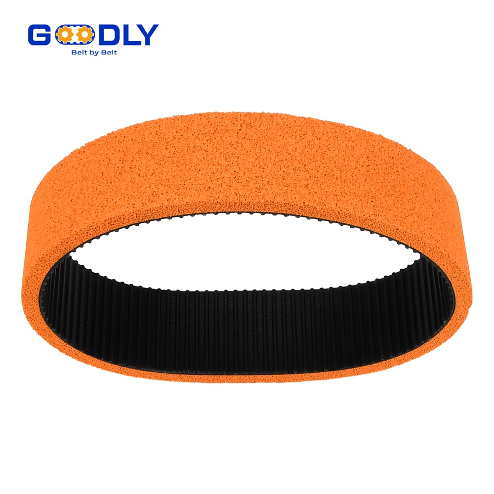 White timing belt loops with blue sponge rubber backing for carton feeding