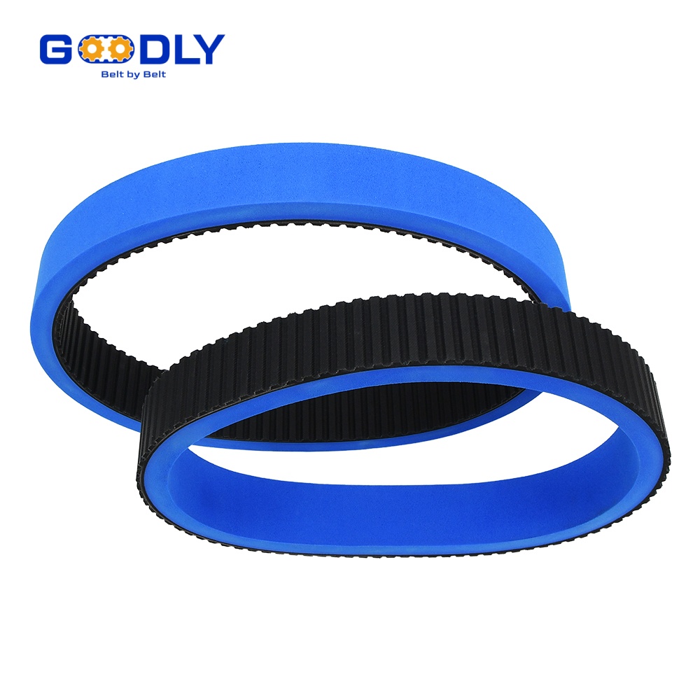 Sponge coated timing belt gently holding pouches on a filling line