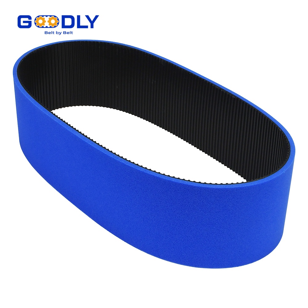 Rubber coated timing belt gripping product on a packaging machine